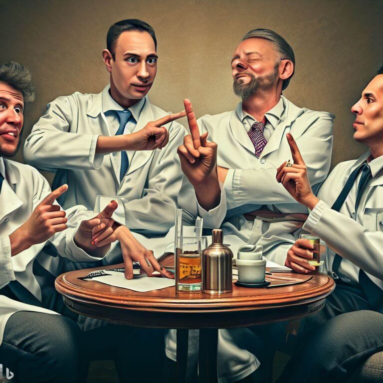 group of physicians relaxing around a coffee table. fingers and faces MUST be correct. photorealistic.