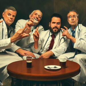 group of physicians relaxing around a coffee table. fingers and faces MUST be correct. photorealistic.