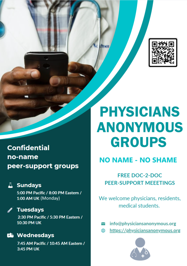 Anonymous and confidential burnout support group meetings for physicians, residents, and medical students.