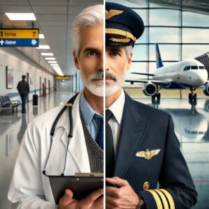 A split image of a dignified man: a physician on the left and an airline captain on the right, complete with a captain's uniform, hat, and a “Sully”-style mustache.