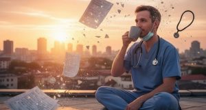 Doctor in scrubs sitting peacefully at dawn, surrounded by dissolving symbols of work — representing letting go of perfectionism in medicine.