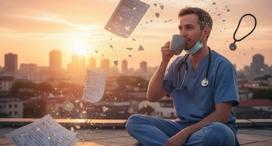Doctor in scrubs sitting peacefully at dawn, surrounded by dissolving symbols of work — representing letting go of perfectionism in medicine.